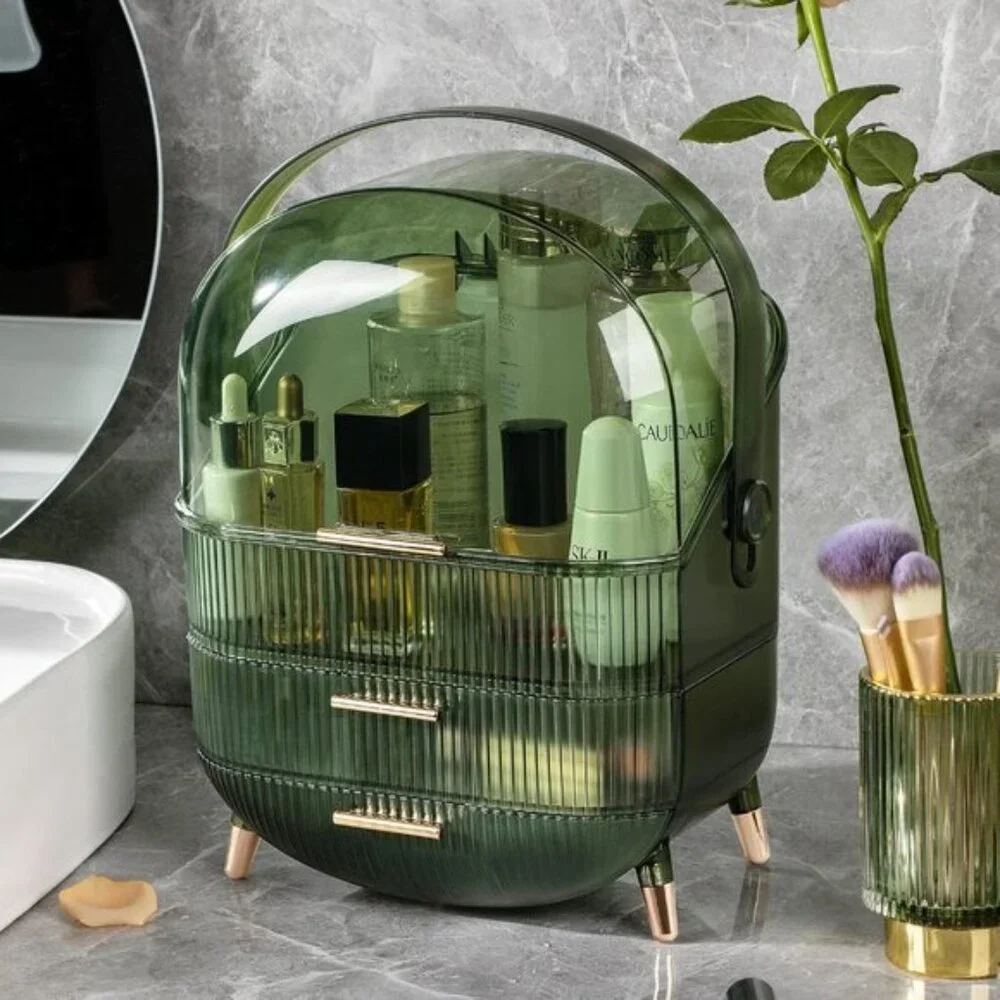 New Large Makeup Organizer, 2-Drawer Skincare Storage with Clear Lid - (Green)